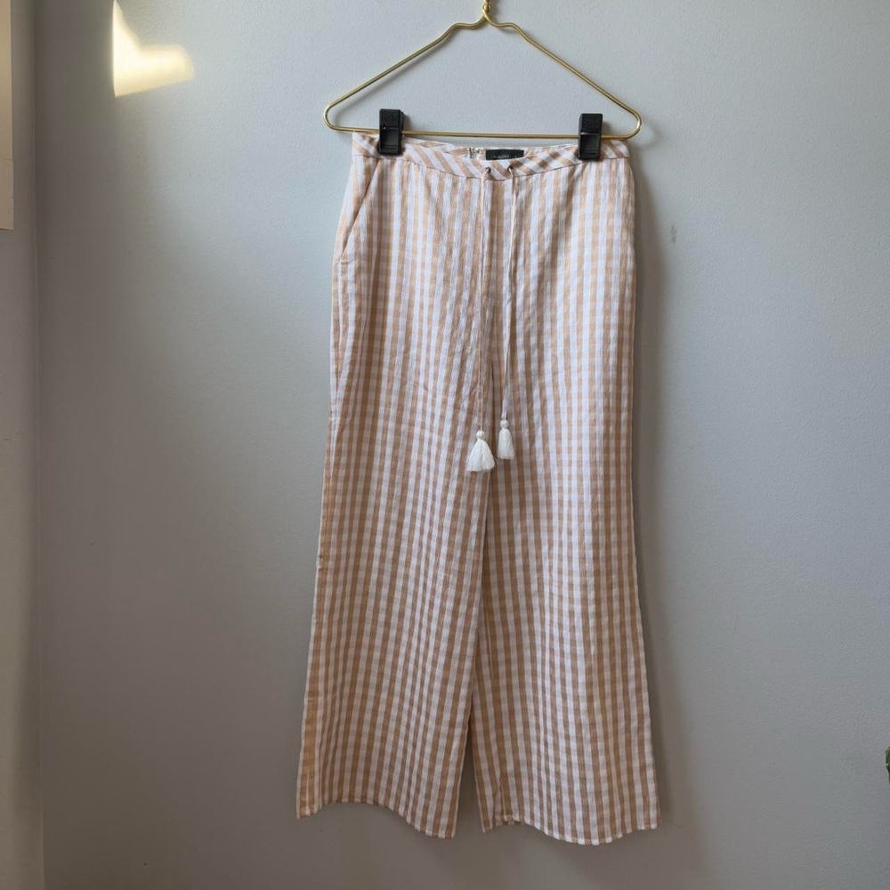 Majorelle Theo gingham check print tan and cream wide leg pants w/ tassel detail
